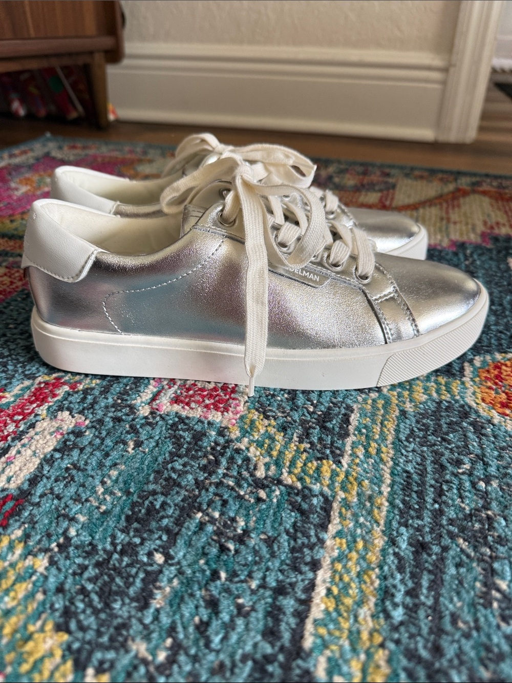 Sam Edelman Silver Metallic Lace-Up Sneakers with Cream Laces